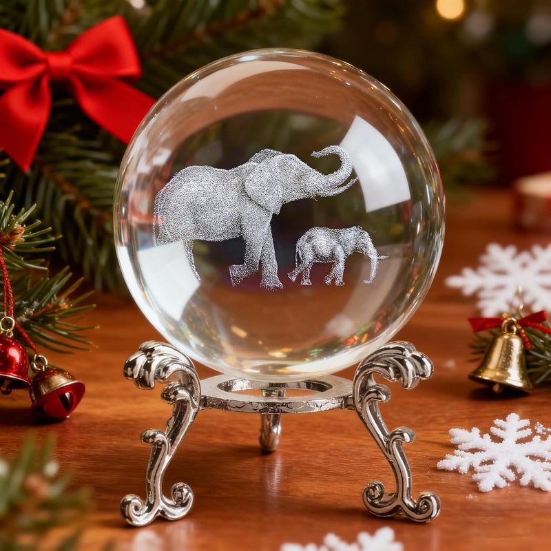 ZEERSHEE 60mm 3D Glass Laser Engraved Mother Son Elephants Crystal Ball with Stand Decorative Sphere Elephant Gifts for Women - Image 1